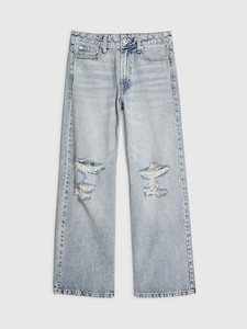Jeans de mezclilla 100% algodón de cintura media, lavado a la piedra claro, rasgados, de pierna ancha y corte holgado, ecológicos, resistentes a la decoloración, ligeros, para primavera. - Product Image 1