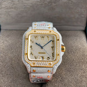 Montre Moissanite à main 100%-Édition chiffres arabes, montre-bracelet en métal bicolore personnalisée, montre analogique en diamant glacé - Product Image 1