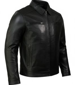 Blouson en cuir noir sur mesure pour homme, en cuir de vachette véritable, style camionneur, coupe ajustée, col chemise décontracté, manteau de motard en cuir véritable, vêtement d'extérieur - Product Image 3