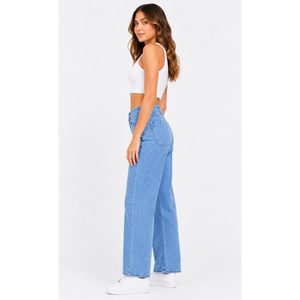 Pantalones vaqueros holgados transpirables para mujer, de tela tejida, con diseño de cinturón funcional, talla XS, lavado de color liso. - Product Image 3