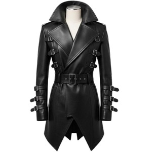 Manteau trench en cuir noir, style gothique steampunk, avec boucles - Product Image 1