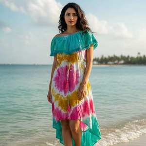 Vestido de Playa Rosa y Turquesa con Estampado Tie Dye, Hombros Descubiertos, Volantes, Estilo Boho para Vacaciones de Verano - Product Image 5