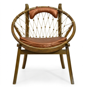 Fauteuil en rotin moderne fait main avec dossier en cuir PU, pieds en bois massif, chaise longue rembourrée marron pour salon, hôtel, villa - Product Image 2