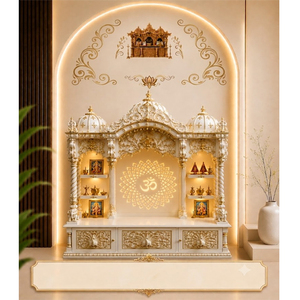 Traditional White and Gold <b>Mandir</b> with Om Back Design Luxury Wooden Pooja <b>Mandir</b> for Home Wooden <b>Mandir</b> Unit With Ornate Carving - Product Image 1