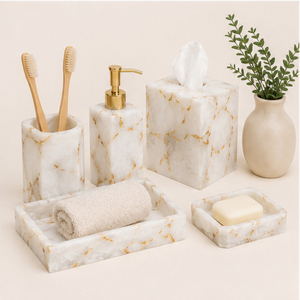 Ensemble d'accessoires de salle de bain 6 pièces en marbre blanc naturel avec pompe dorée, distributeur de savon en pierre artisanal, boîte à mouchoirs et bac à déchets - Product Image 2