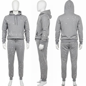 mens grey <b>paint</b> splatter tracksuit hooded pullover hoodie and cuffed jogger pants <b>set</b> casual fleece activewear winter two piece - Product Image 6