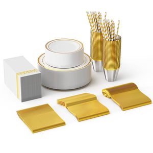 50 Sets of <b>Disposable</b> <b>Tableware</b> Gold Plastic Flat Circular Plates Cups Knives Forks Tissues Straws Included-Party Supplies Kit - Product Image 1
