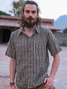 Men Hand-Block Printed Cotton <b>Shirt</b> Traditional Maroon and Beige Geometric Pattern Casual <b>Half</b>-Sleeve Summer Wear - Product Image 5