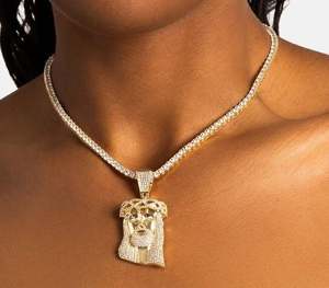 Gold Jesus Face Pendant Necklace With Moissanite Stones 24K Plated <b>Box</b> <b>Chain</b> Religious Christian Men's Jewelry - Product Image 3