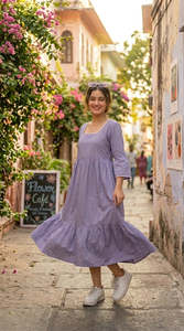 Vestido Midi Morado con Cuello en V y Manga Casquillo, Estilo A-Line, de Gasa, Informal, para Verano, Transpirable, de Color Sólido, con Pliegues Delanteros - Product Image 4