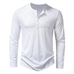 <b>Men's</b> White <b>Long</b> <b>Sleeve</b> <b>Henley</b> Shirt V-Neck Button Casual Solid Knitted Regular Fit Curved Hem T-Shirt - Product Image 1