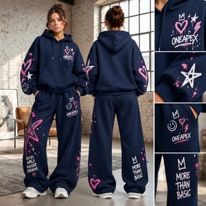 Women's Navy Blue Graphic Hoodie <b>Tracksuit</b> <b>Set</b> <b>Pink</b> Heart Star Print Wide Leg Pants Streetwear Two Piece Outfit - Product Image 6