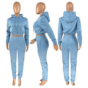 Conjunto de Sudadera Corta Azul Claro para Mujer con Pantalones Jogger a Juego, Color Sólido, Manga Larga, Informal, Transpirable, Tejido de Felpa, 100% Felpa - Product Image 1