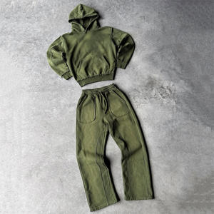 Conjunto Deportivo Personalizado de Invierno, Estilo Urbano, Felpa Francesa 100% Algodón, Cortavientos, Transpirable, Corte Holgado, Lavado Ácido, Pantalones Acampanados - Product Image 1