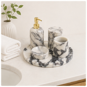 Ensemble d'accessoires de salle de bain en marbre blanc naturel de luxe, distributeur de savon, porte-brosse à dents et plateau en marbre, articles d'hôtel en gros - Product Image 6