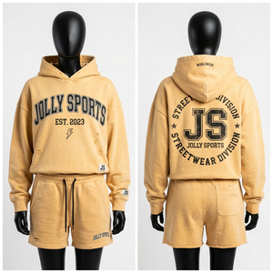 Ensemble sweat à capuche et short pour femme en molleton de coton mélangé 320 GSM, beige clair, avec logo personnalisé - Product Image 2