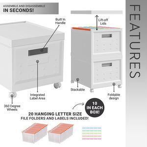 Set di 2 Scatole Portadocumenti Pieghevoli e Impilabili con Ruote e Coperchi, 10 Scomparti per Archiviazione, Organizzatore Portatile in Plastica per Documenti e Supporti Multimediali - Product Image 3