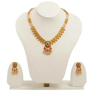 Collier élégant traditionnel plaqué or avec un motif floral rond incrusté de pierres rouges rubis - Product Image 2