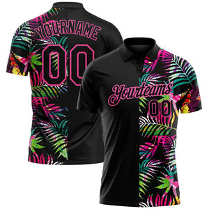 Impression personnalisée OEM en gros pour chemise, motif feuilles de palmier 3D noir et rose, style tropical, logo du nom de l'équipe, séchage rapide, coupe performante - Product Image 1