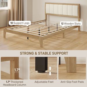 Letto matrimoniale Queen con telaio e doghe in legno, facile da montare, non richiede rete a molle, colore naturale, con testiera - Product Image 6