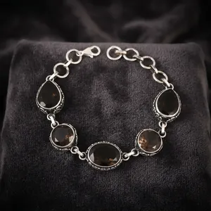 Bohemian 925 Silver Smoky Quartz Bracelet Water Drop Bezel Setting <b>Chain</b> Link Women's Everyday Wear Jewelry - Product Image 4