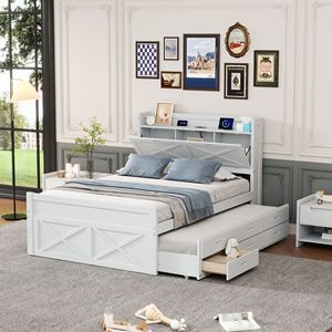 Letto matrimoniale in legno bianco con testiera contenitore e prese, letto estraibile singolo allungabile con tre cassetti contenitore - Product Image 1