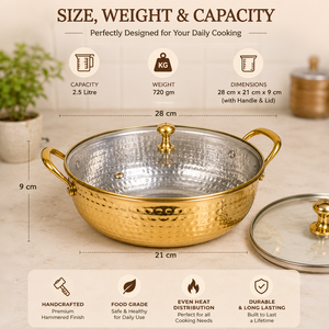 Hammered Brass Casserole Cooking <b>Pot</b> with Glass Lid Double Handles Food Serving Dish Buffet Cookware Hotel Restaurant Catering - Product Image 5