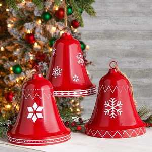 Red Enamel Christmas Bell Decor Set With Snowflake Pattern Traditional Holiday <b>Wall</b> Hanging For Home Decor - Product Image 1