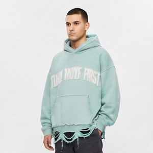 En gros Sweat à capuche pour homme à épaules tombantes, en molleton bouclette, brodé, avec ourlet effiloché et finition brute, pour l'hiver - Product Image 1