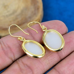 Natural Handmade White Moonstone Oval Shape Gemstone Drop Earrings 18k Micron Gold Over 925 <b>Sterling</b> <b>Silver</b> - Product Image 4