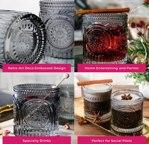 Verres à boire rétro gris fumé à motif floral, verrerie vintage perlée, verres texturés pour eau et cocktails, cadeau <span class=keywords><strong>de</strong></span> fêtes - Product Image 5