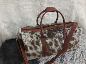Bolsa de Viaje de Cuero Genuino con Pelo, Hecha a Mano, con Cierre de Cremallera, Grande, para Fin de Semana, LHODB-0138 - Product Image 3