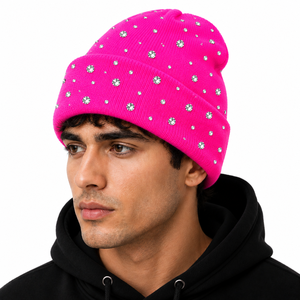 Custom Rhinestone Beanie Hat for <b>Men</b> Women | Sparkle Crystal Cuffed Knit Winter <b>Cap</b> | OEM Wholesale - Product Image 4