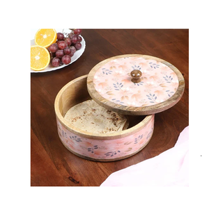 Caja de Almacenamiento de Chapati de Madera con Diseño de Flores y Hojas Esmaltadas, Forma Redonda, de la Mejor Calidad - Product Image 1