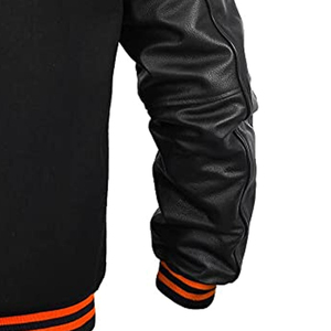 Veste varsity noire pour homme avec bordure orange, fermeture à boutons, manches en cuir PU, broderie chenille personnalisée, veste bomber d'automne - Product Image 5