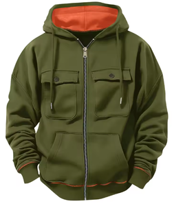 Spring Autumn <b>Men</b>’s Multi Pocket Zip Hoodie <b>Velvet</b> Casual <b>Jacket</b> Streetwear Sports Hoodie Fashion Hooded Top Custom Logo - Product Image 4