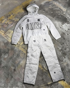Unisex Black <b>Nylon</b> Racing Tracksuit Multi Patch Full Zip Hooded Windbreaker Jacket and Piping <b>Track</b> <b>Pants</b> Two Piece Set - Product Image 4