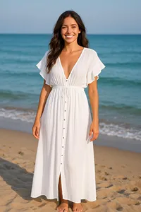 Vestido maxi bohemio blanco para mujer, con escote en V profundo, mangas con volantes, botones en la parte delantera, estilo fluido y largo, ideal para el verano. - Product Image 5