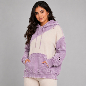 Nouveau design – Sweat à capuche violet oversize pour femme, effet vieilli, color block, en coton délavé, avec déchirures et découpes, style streetwear, OEM - Product Image 4