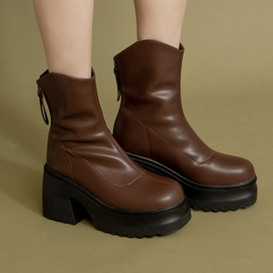 Bottines à plateforme en cuir véritable pour femmes Ann'S, talon épais de 9 cm, semelle épaisse, fermeture éclair, style streetwear tendance - Product Image 6