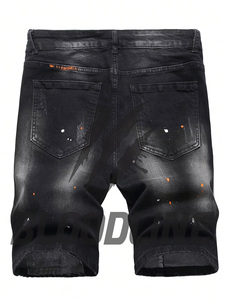 Shorts Bermuda en jean noir pour homme, taille mi-haute, fermeture éclair, style décontracté, déchiré, en coton délavé avec poches - Product Image 4