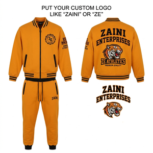380 GSM Heavyweight Cotton Polyester Fleece Varsity Tracksuit Mustard Black Custom Chenille <b>Embroidery</b> Logo - Product Image 1