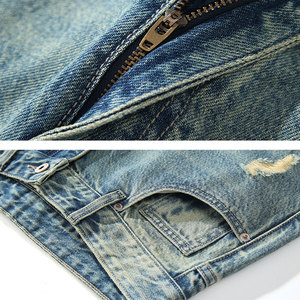 Vaqueros de mezclilla rectos lavados de estilo urbano desgastado, de alta calidad, 100% algodón, con botones y diseño liso, estilo High Street. - Product Image 4