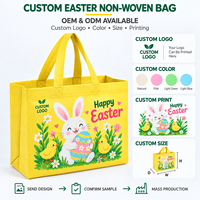 Sacs de courses réutilisables en tissu non tissé à imprimé lapin de Pâques jaune rayé et poussins, personnalisables avec logo, vente en gros