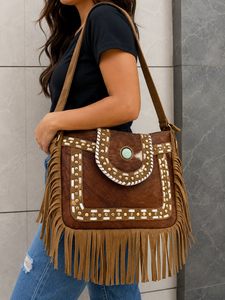 Real Cowhide Leather Fringe Handbag Stylish Leather Purse Hair on Hide Games Stone Bohemian Handmade Bags in India - Product Image 1