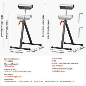 Set di 2 Supporti a Rullo Resistenti per Falegnameria, Capacità di Carico 135 lb, Altezza Regolabile 26.8-42.5FT, Design Pieghevole, 11.5 Lucidati - Product Image 4
