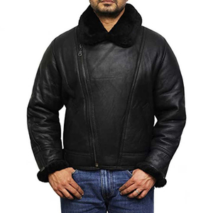 Men's Black Genuine Leather Moto <b>Biker</b> <b>Jacket</b> With Faux Fur Lining Turn-down Collar Zipper Closure Short Length Winter Wear - Product Image 3