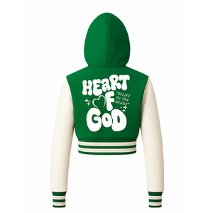 Chaqueta Varsity Corta para Mujer con Capucha, Estilo Bomber, Verde y Blanca, con la Frase "Loved Beyond Measure, Walk By Faith", para Uso Cristiano - Product Image 3