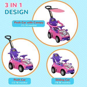 3-in-1 Pink <b>Push</b> <b>Car</b> with Music Horn Canopy & Safety Guardrail Sliding <b>Car</b> Toy with Removable Handle - Product Image 4
