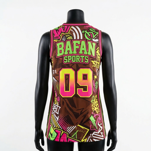 Maillot de basket-ball pour femmes, tissu en maille polyester premium, design graphique multicolore, sans manches, logo personnalisé par sublimation, coton. - Product Image 3